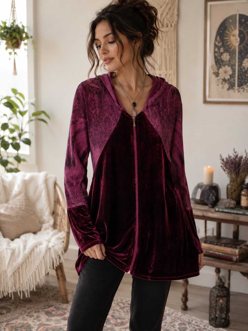 Unity World Wear Burgundy Velvet Paisley Hooded Zip Front Tunic Top L